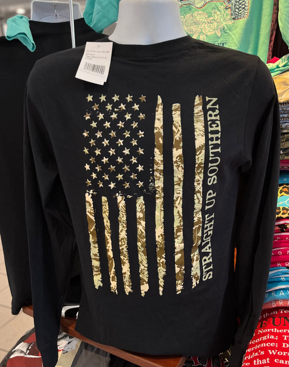 Straight Up Southern T-Shirt - “Camo Flag” (Long Sleeve Black