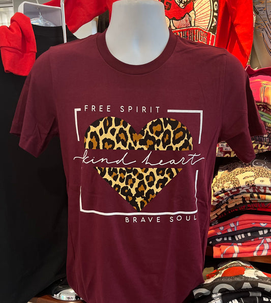 Free Spirit, Kind Heart, Brave Soul Leopard Heart Short Sleeve (Burgundy)