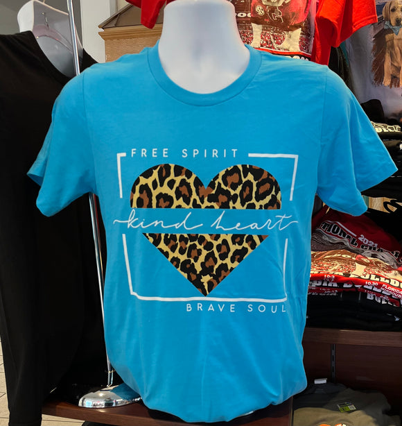 Free Spirit, Kind Heart, Brave Soul Leopard Heart Short Sleeve (Turquoise)